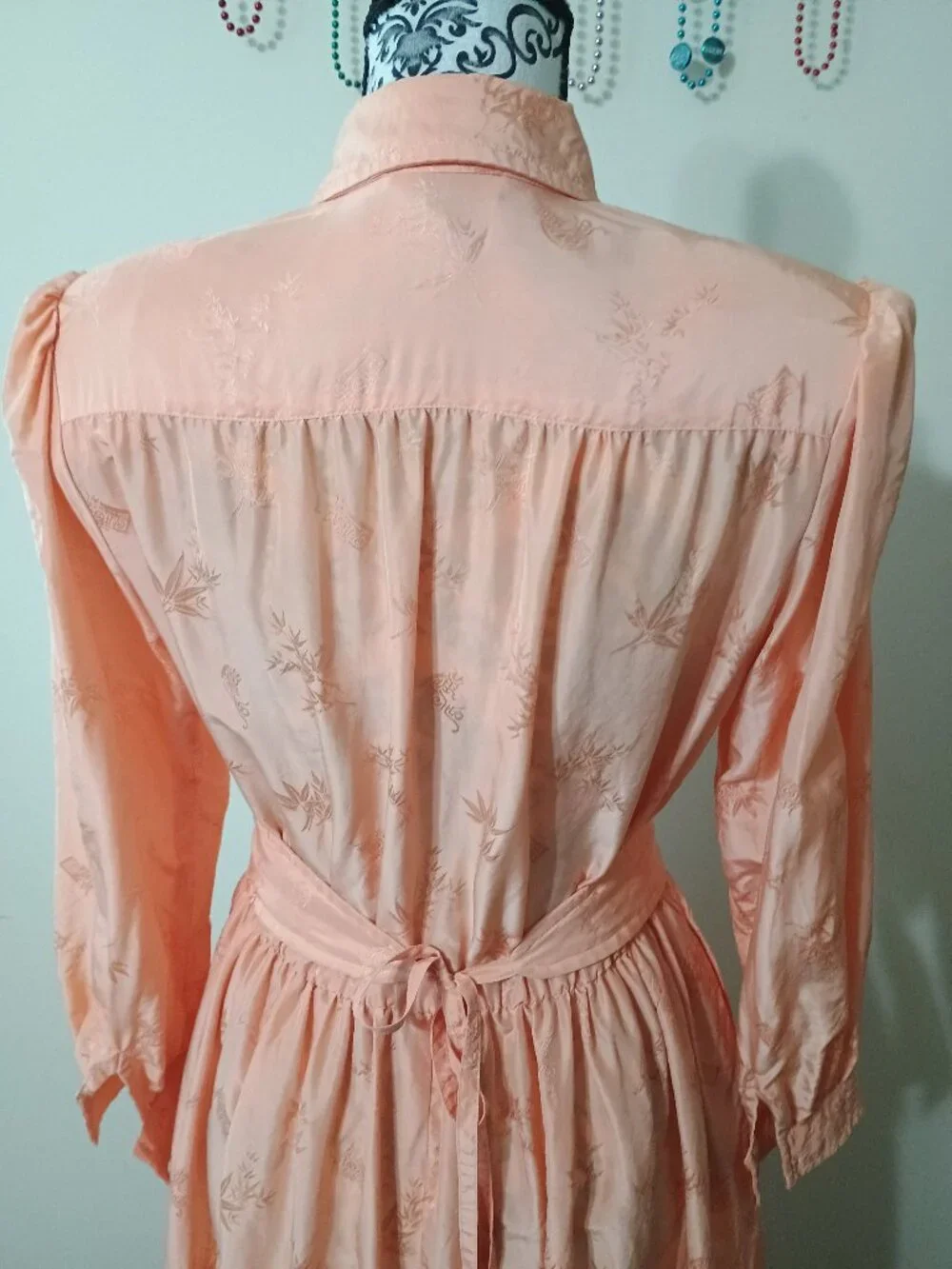 Vintage CASI Silk Jaquard Midi Dress Size 12 Peach with Pockets